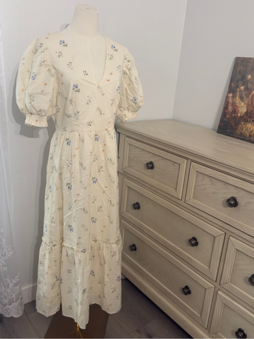Nordstrom Cream Floral Puff-Sleeve Maxi Dress - Picture 1 of 5